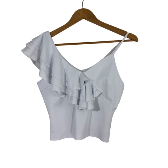 Women’s Size Small Solid White Asymmetrical Ruffle Cropped Stretch Casual Top - Picture 1 of 7
